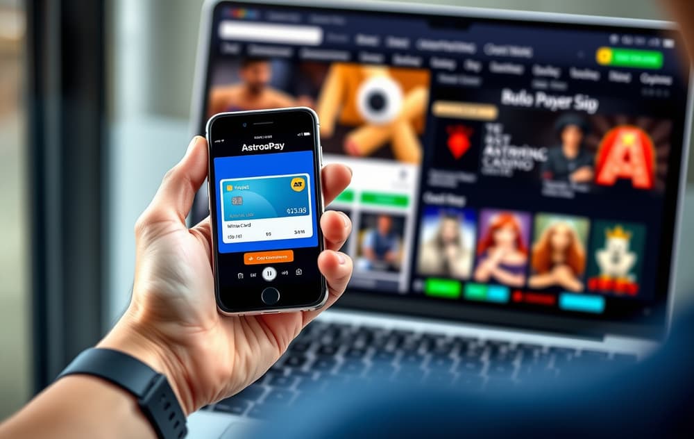 Person som bruker AstroPay-appen på mobil for å sette inn penger på et nettcasino.