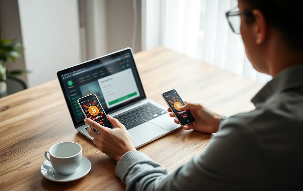 Person overfører Bitcoin til nettcasino via smarttelefon og laptop