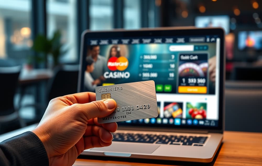 Hånd som holder Mastercard debetkort foran en bærbar PC med casino kasse-side
