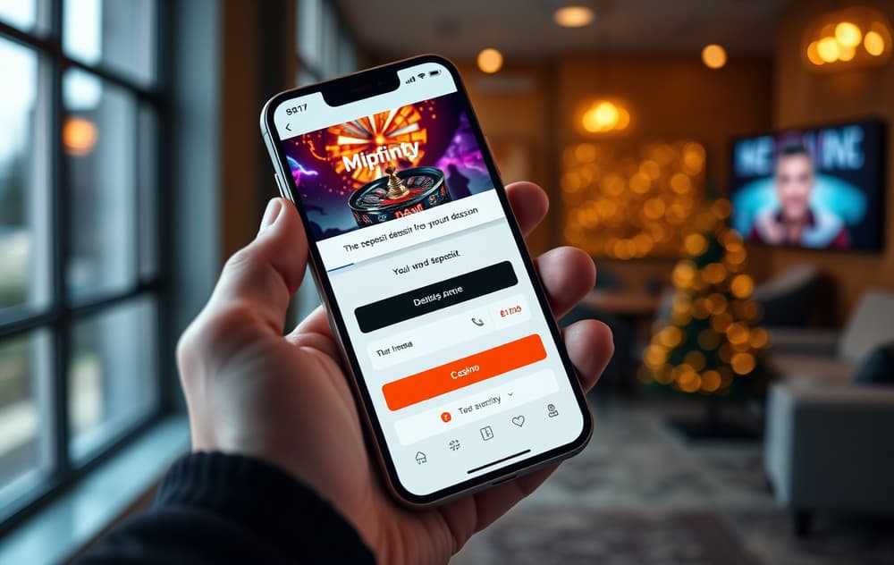 Person med mobiltelefon som viser Mifinity-appen foran et nettcasino på skjermen.