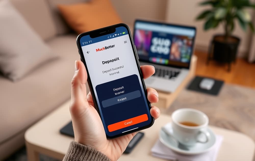 Mobil med MuchBetter-app og bekreftelse på casino-innskudd