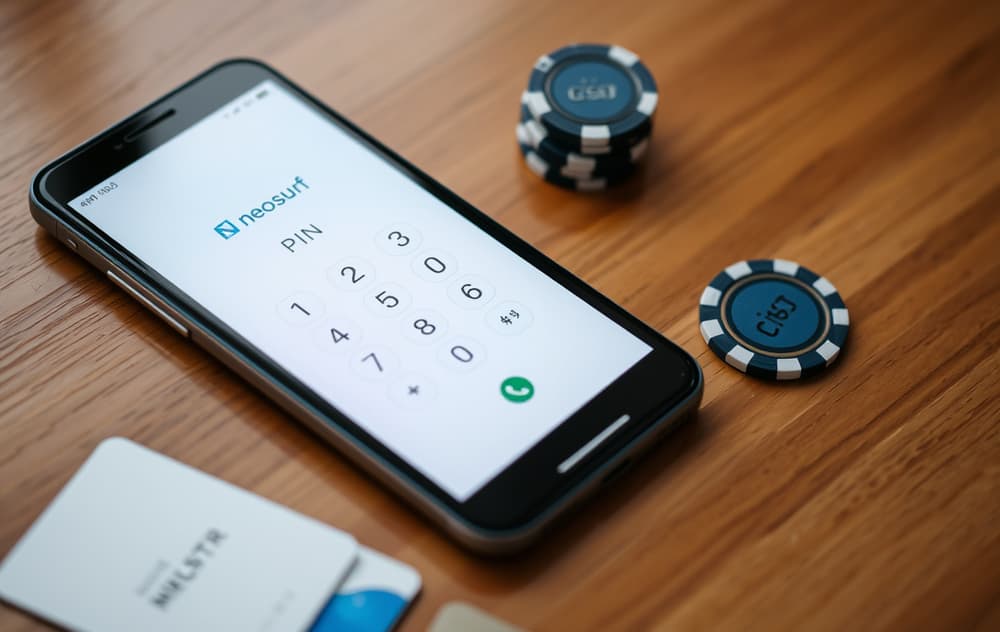 Smarttelefon med Neosurf-app og PIN-kode ved siden av kasinochip og kredittkort på trebord.
