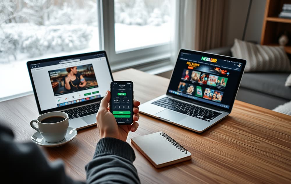 Person med mobiltelefon med Neteller-appen ved siden av en laptop med casinospill