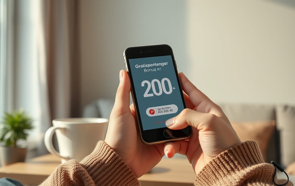 Norsk spiller som ser på 200 kr gratis bonustilbud på mobilen med ansvarlig spill-ikon