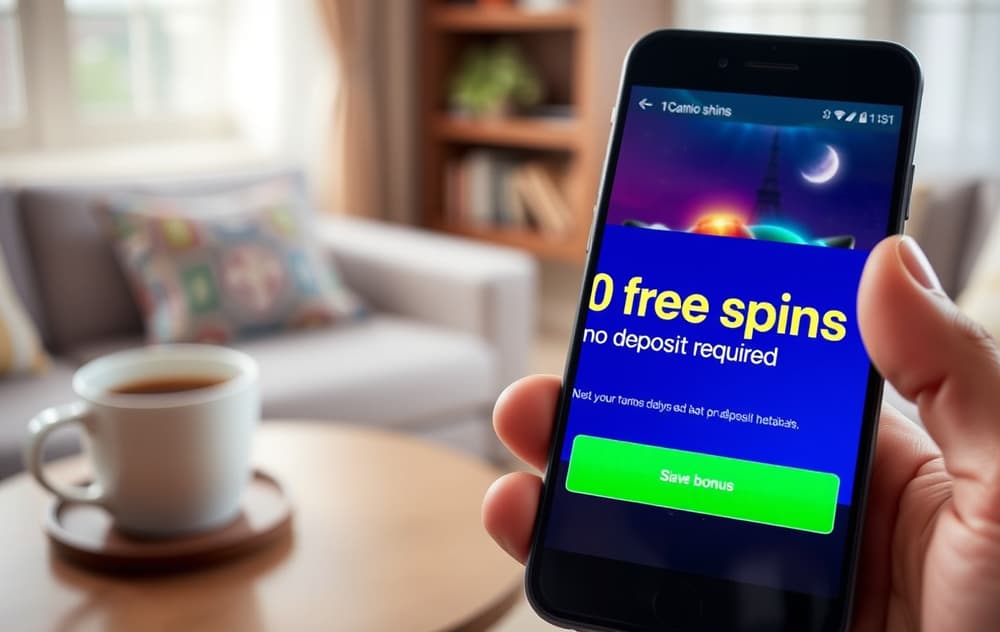 Smarttelefon med en casinobonusmelding om gratis spinn uten innskudd, holdt i en hånd i en stue med kaffekopp.