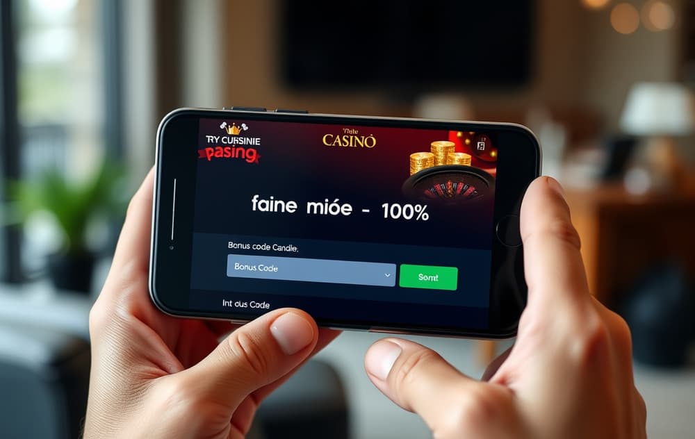 Person med mobil som viser bonuskodefelt på et nettcasino.