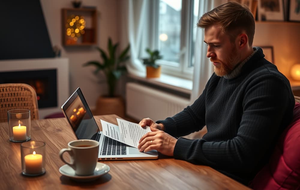 Norsk spiller som leser vilkår for velkomstbonus på laptop, med kaffekopp, i et koselig hjem