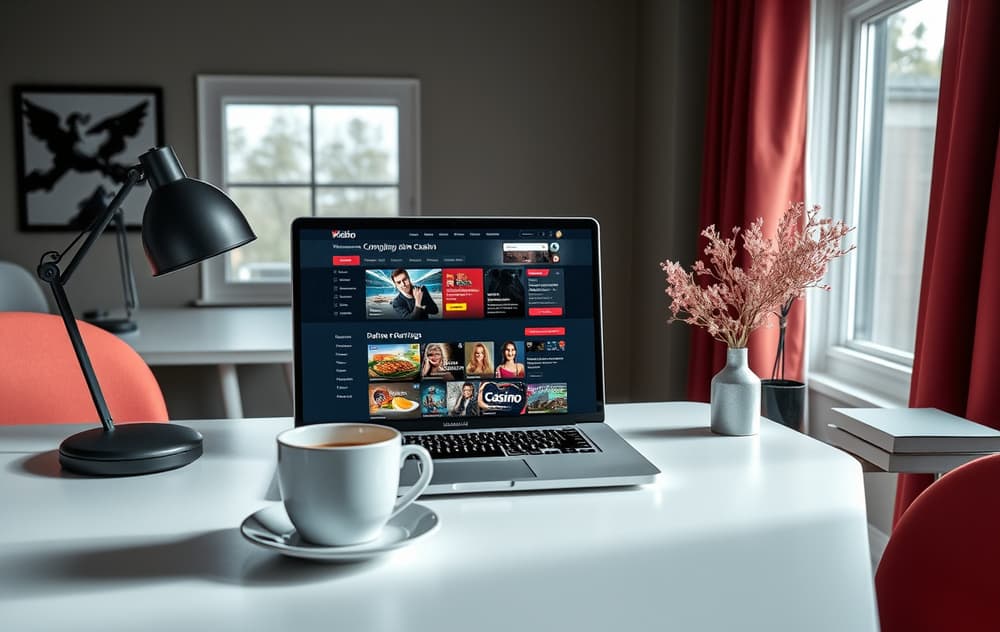 Comparison chart of Norwegian casino operators on a laptop screen with chips and cards