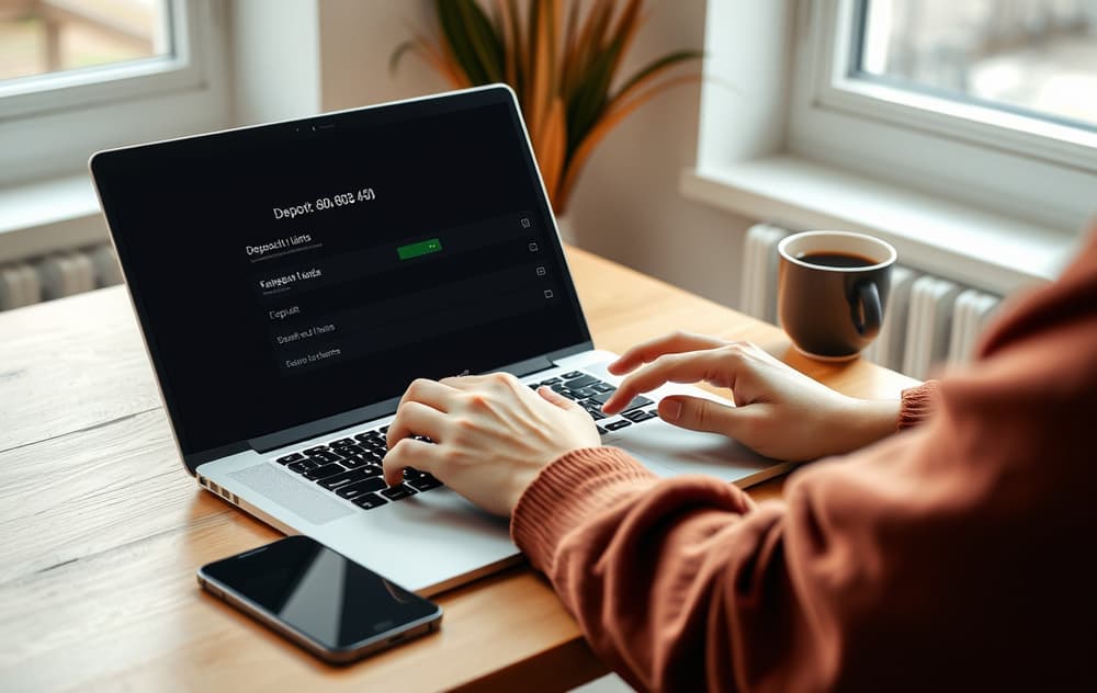 Person som sitter ved en laptop med innstillinger for innskuddsgrenser, kaffekopp og mobiltelefon med Hjelpelinjen-nummeret synlig.