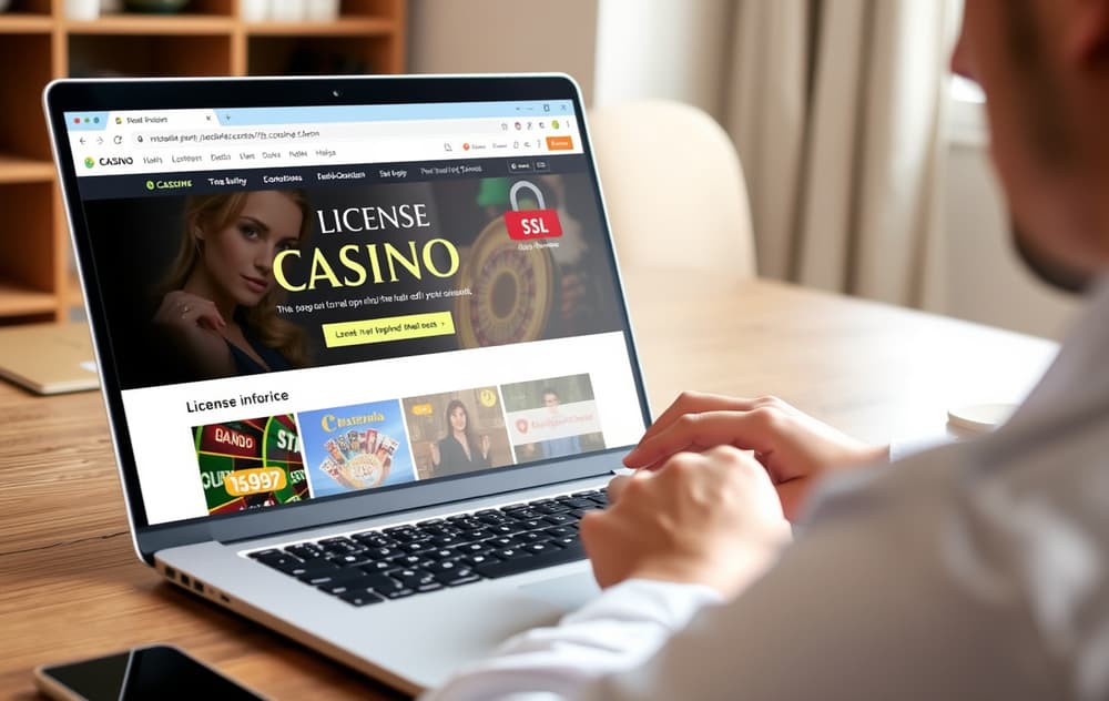 Person som sjekker lisensinformasjon og SSL-sertifikat på et nettcasino