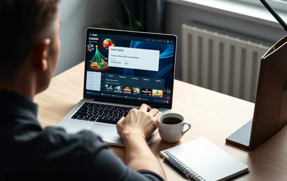 En person som sitter ved et skrivebord og ser på en dataskjerm med en utbetalingsbekreftelse fra et nettcasino, med notatblokk og kaffekopp.