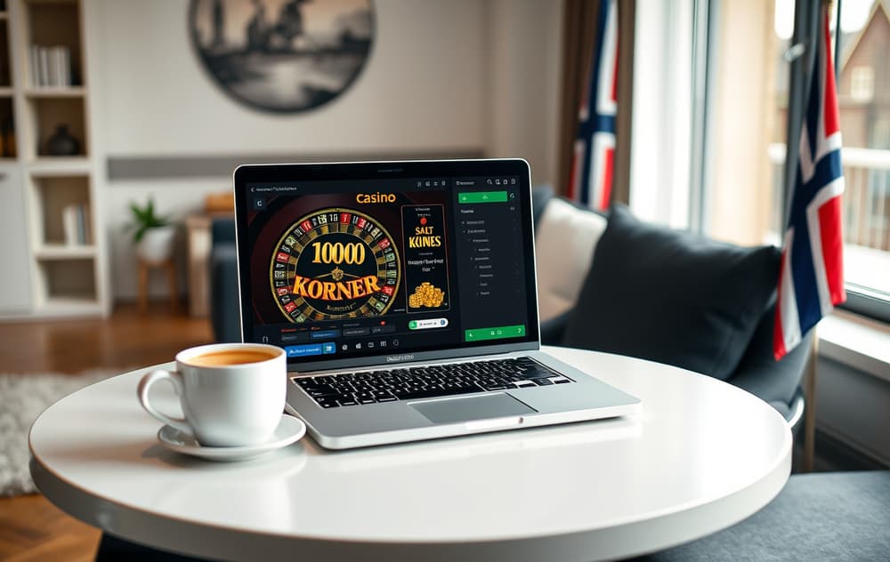 Person som spiller på nettcasino på laptop med kaffe og norsk flagg i bakgrunnen.