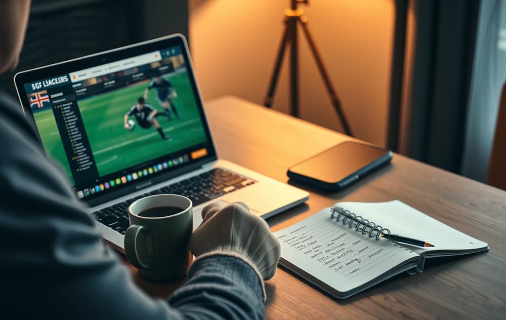 Norsk sportsfan sammenligner odds på laptop med fotballkamp på skjermen