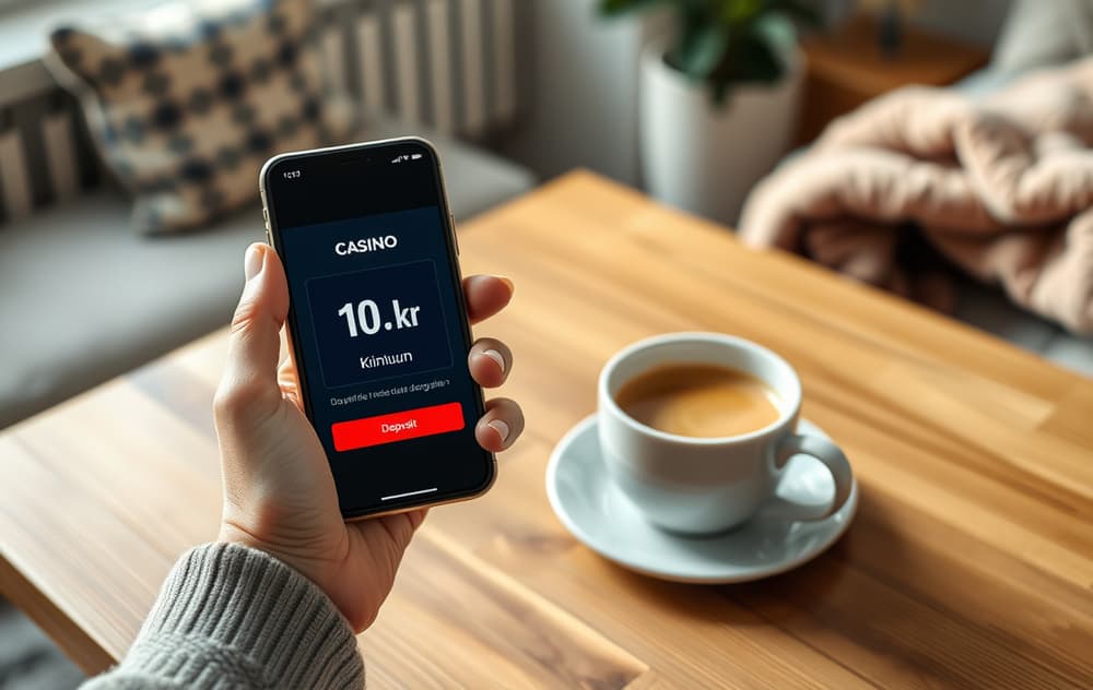 Person som holder mobil med casino-app som viser 10 kr minimum innskudd