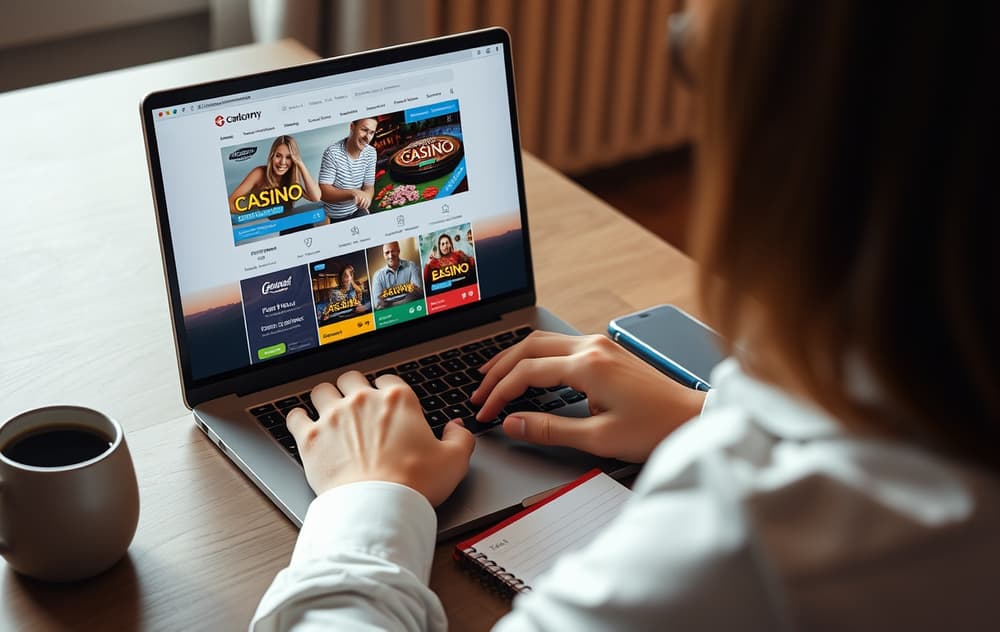 Person som sammenligner casinoer med lavt innskudd på laptop.