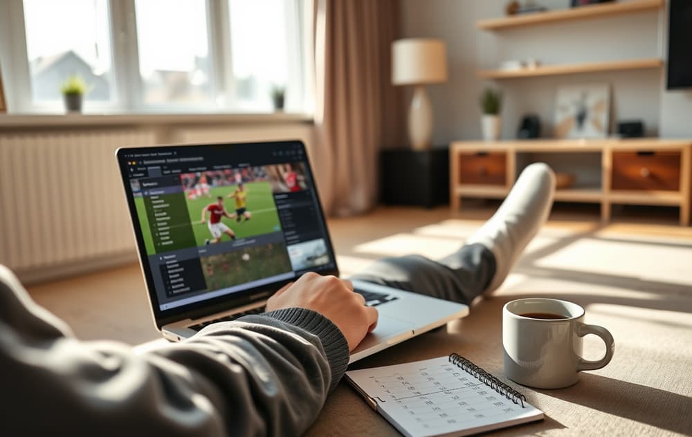 Norsk spiller som sammenligner fotballodds på laptop med kamp på skjermen