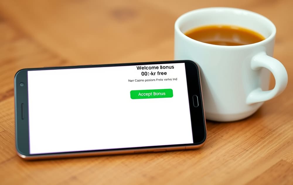 Smarttelefon med 100 kr gratis casino-bonus på skjermen, ved siden av en kaffekopp på et trebord