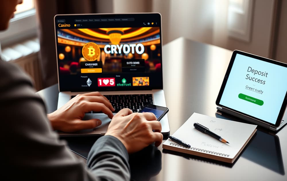 En person undersøker et kryptocasino på en bærbar PC, med kryptovaluta-symboler og kaffekopp på skrivebordet