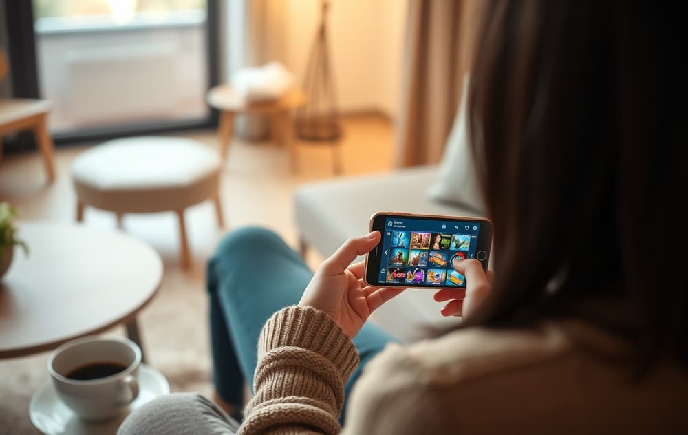 Person som spiller på mobilcasino i en stue med kaffekopp på bordet