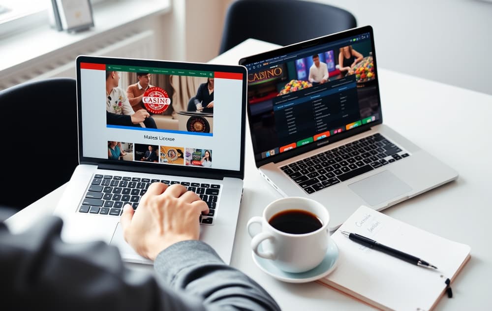 Person som sammenligner casinoer på to skjermer, med notater og kaffekopp på skrivebordet