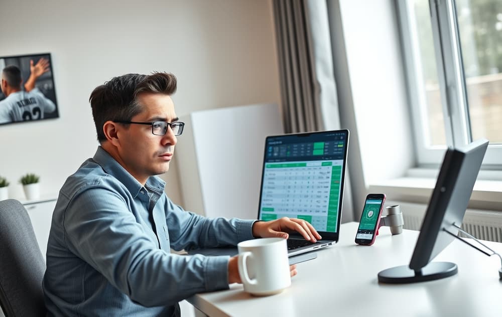 Person som sammenligner odds på en bærbar PC, med mobiltelefon ved siden av