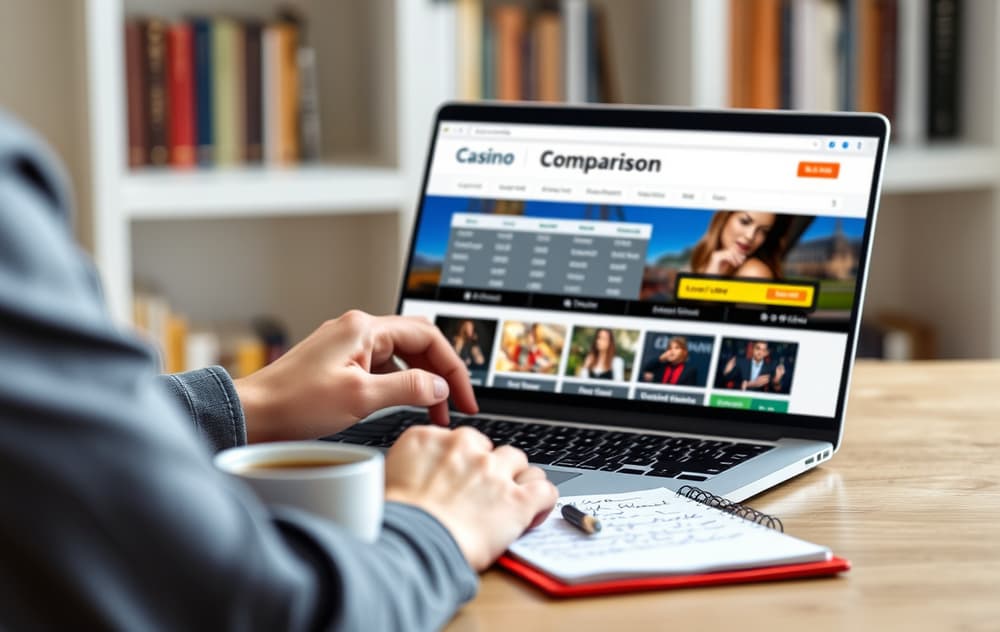 Person som sammenligner utenlandske casinoer på en bærbar PC, med notatblokk og kaffekopp på skrivebordet.